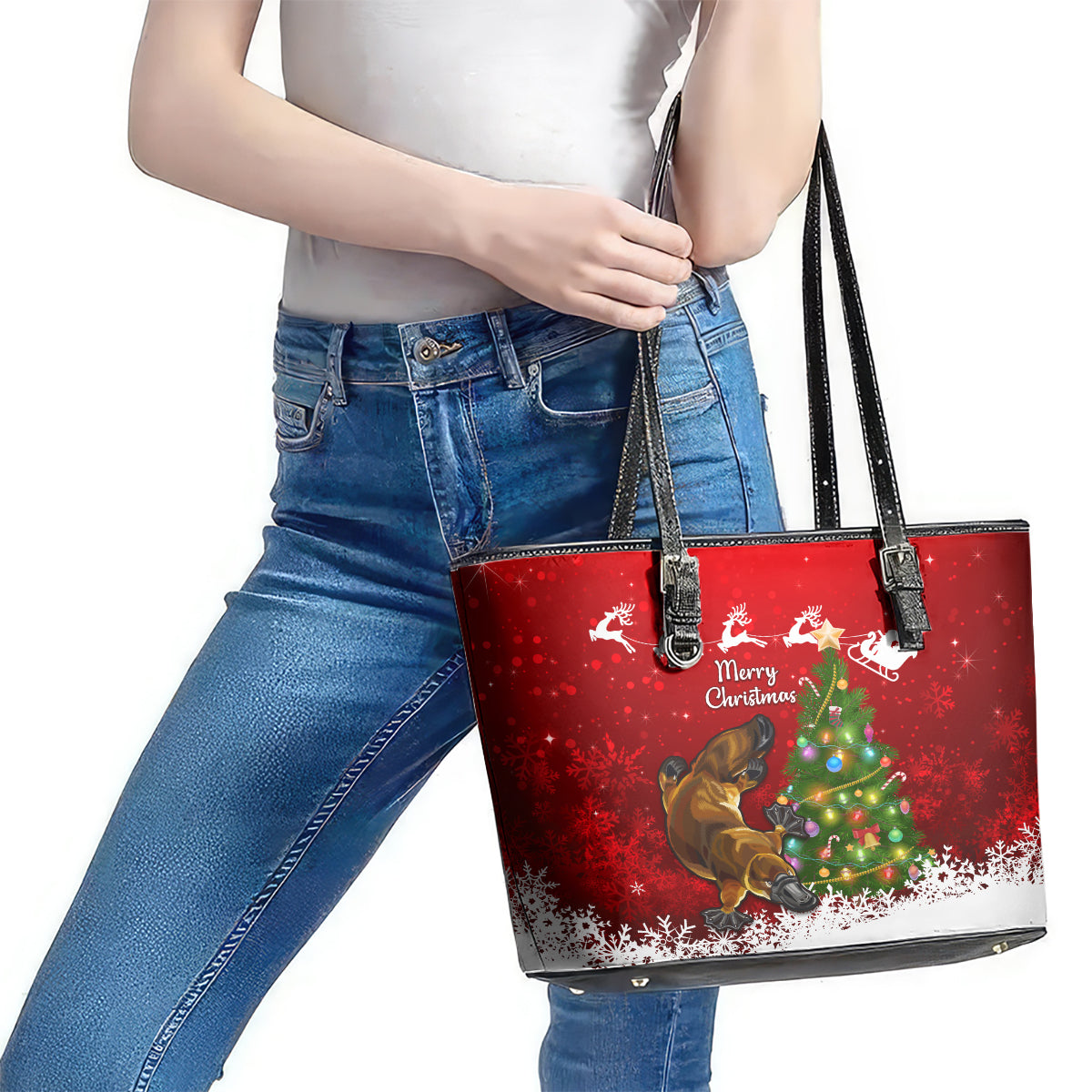personalised-australia-christmas-leather-tote-bag-aussie-platypus-xmas-vibes