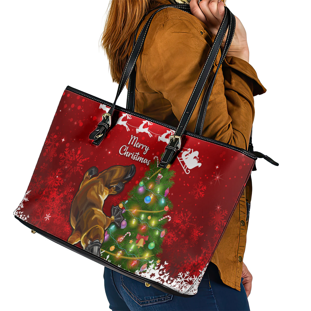personalised-australia-christmas-leather-tote-bag-aussie-platypus-xmas-vibes