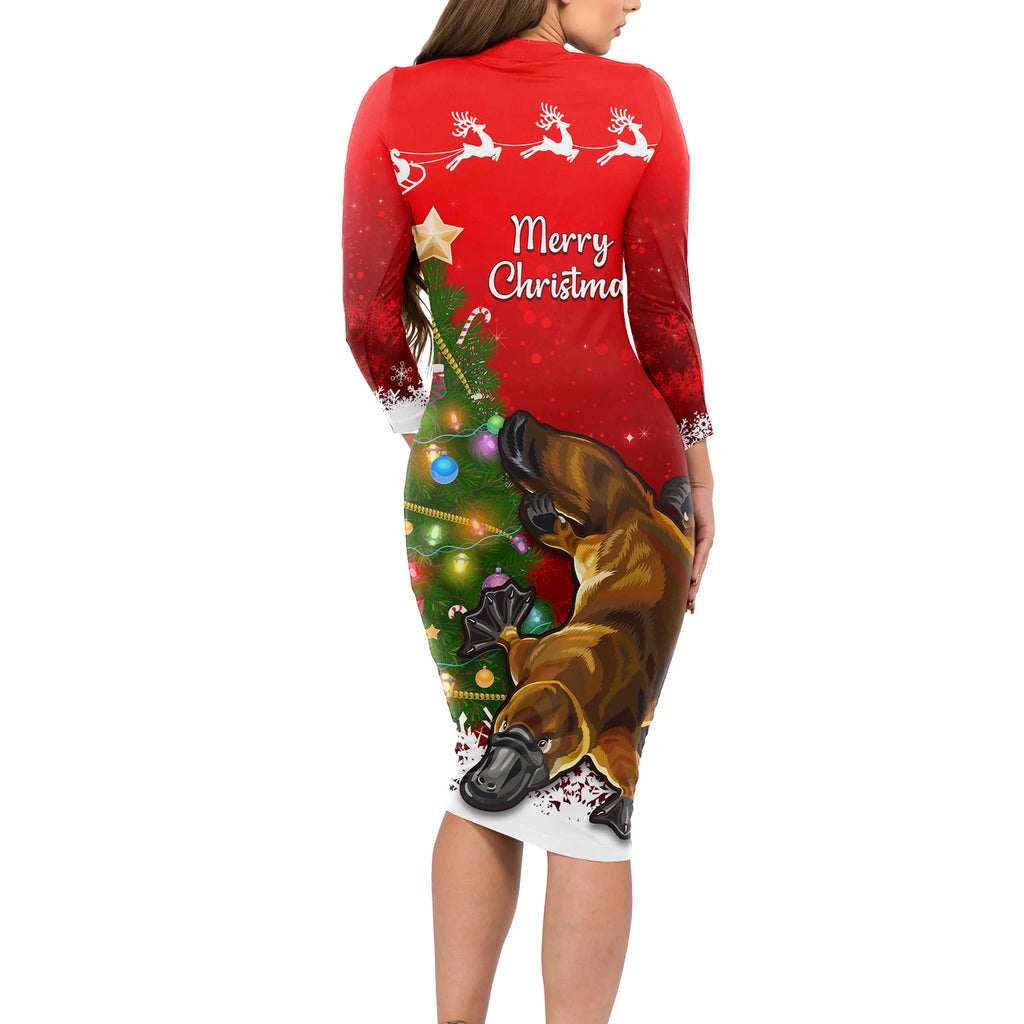 personalised-australia-christmas-long-sleeve-bodycon-dress-aussie-platypus-xmas-vibes