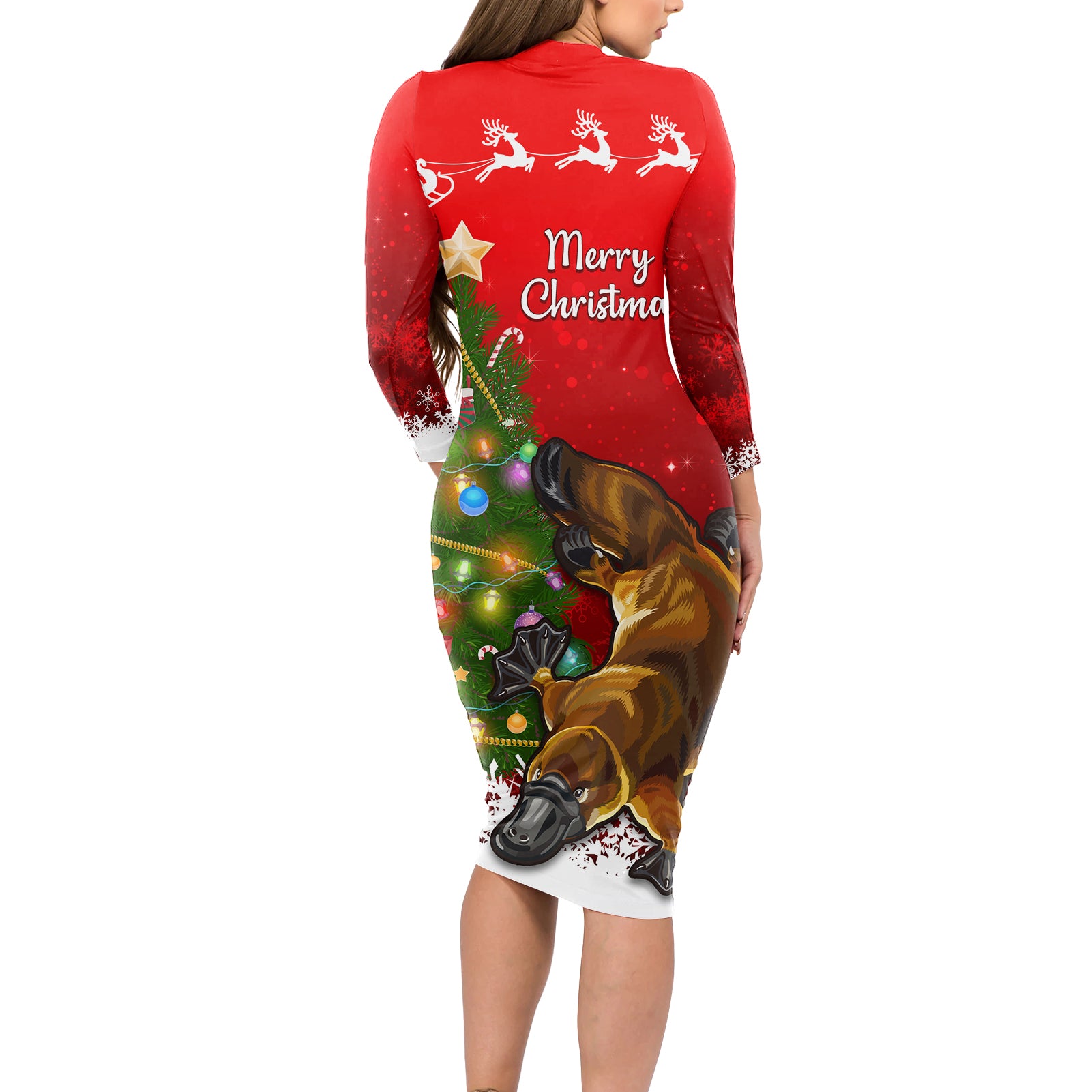 personalised-australia-christmas-long-sleeve-bodycon-dress-aussie-platypus-xmas-vibes