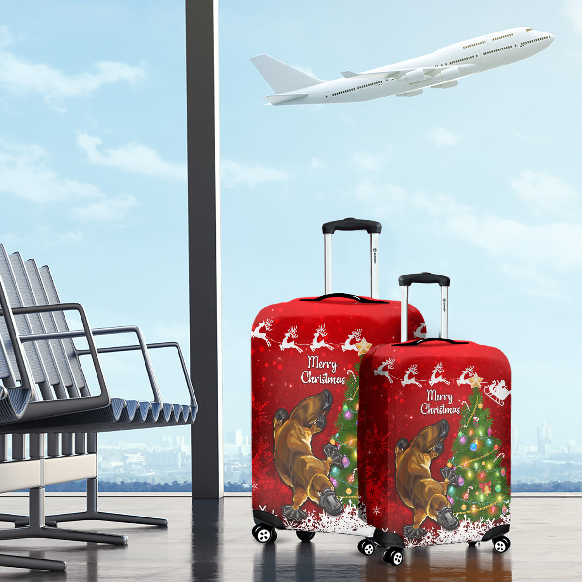 personalised-australia-christmas-luggage-cover-aussie-platypus-xmas-vibes