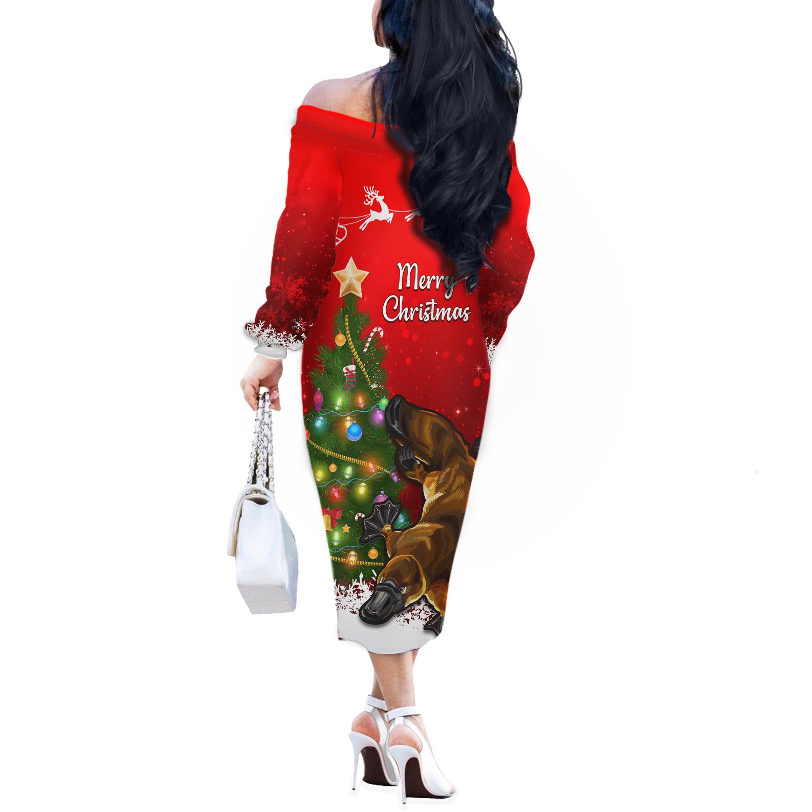 personalised-australia-christmas-off-the-shoulder-long-sleeve-dress-aussie-platypus-xmas-vibes