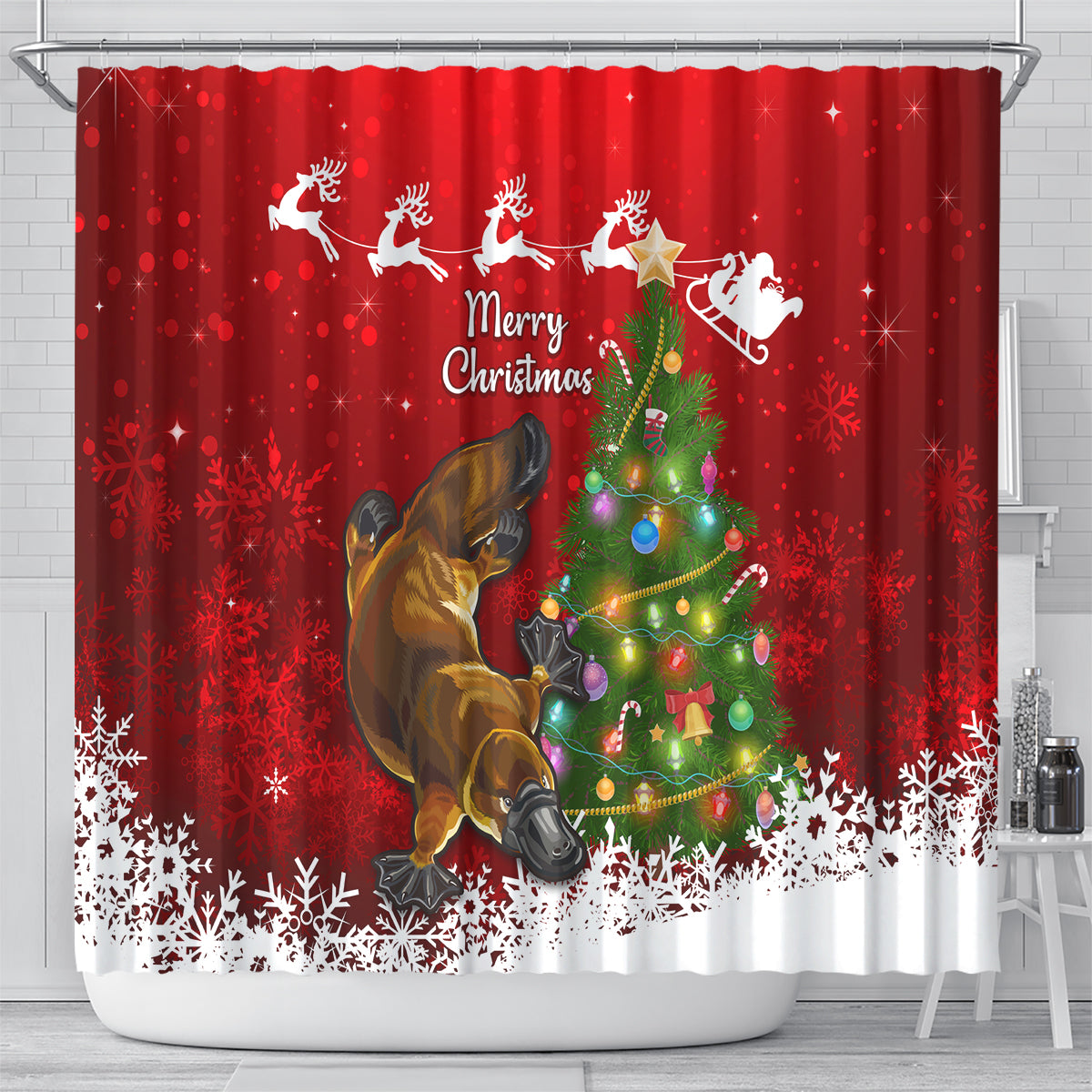 personalised-australia-christmas-shower-curtain-aussie-platypus-xmas-vibes