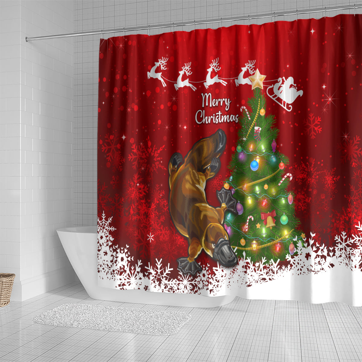 personalised-australia-christmas-shower-curtain-aussie-platypus-xmas-vibes