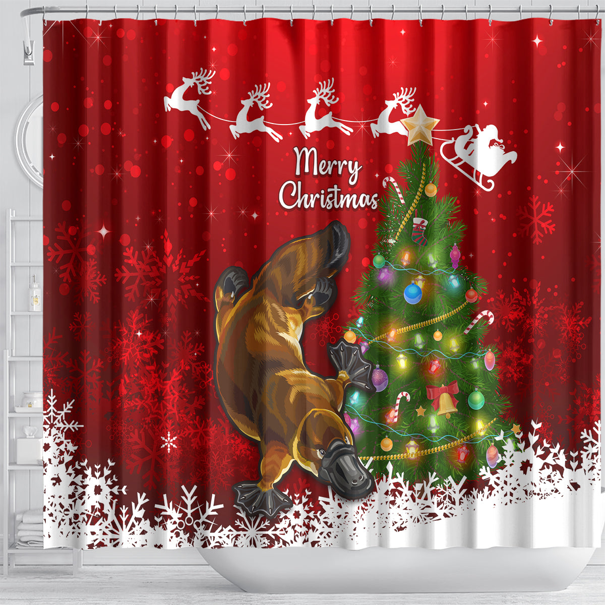 personalised-australia-christmas-shower-curtain-aussie-platypus-xmas-vibes