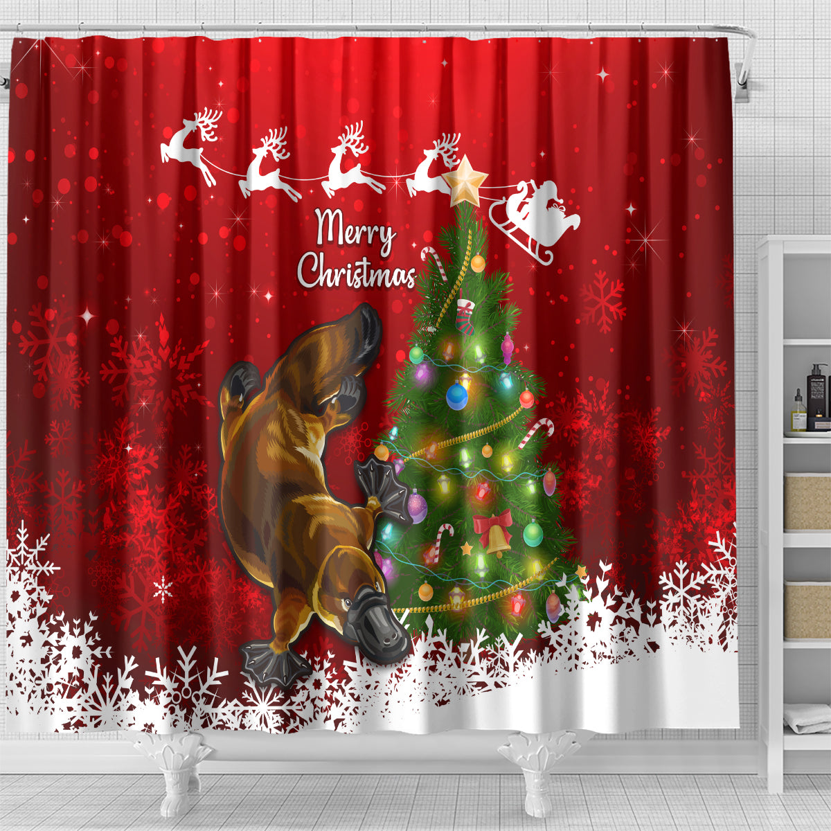 personalised-australia-christmas-shower-curtain-aussie-platypus-xmas-vibes