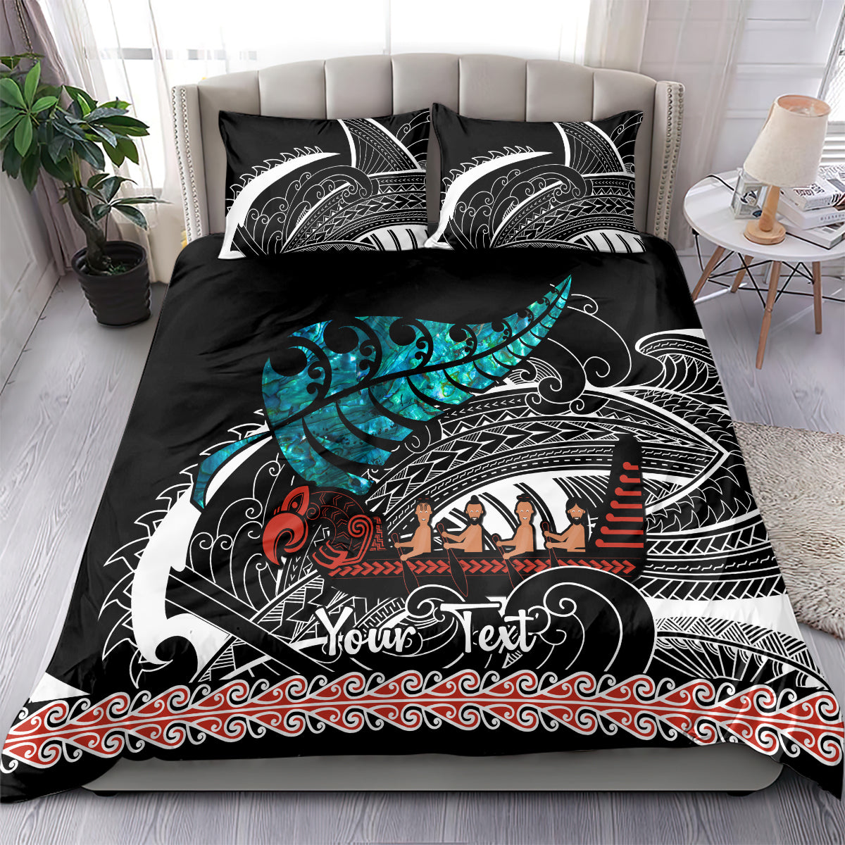 personalised-new-zealand-waka-bedding-set-aotearoa-maori-silver-fern-pattern