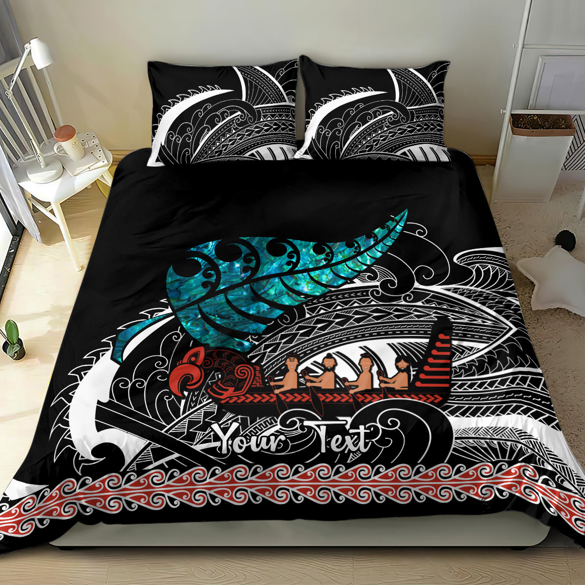 personalised-new-zealand-waka-bedding-set-aotearoa-maori-silver-fern-pattern