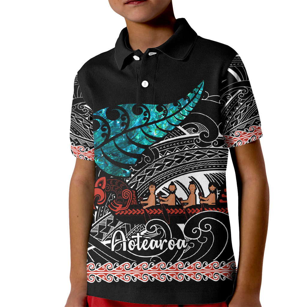 personalised-new-zealand-waka-kid-polo-shirt-aotearoa-maori-silver-fern-pattern