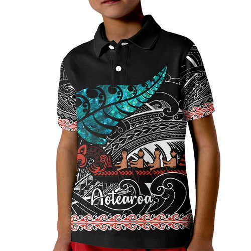 personalised-new-zealand-waka-kid-polo-shirt-aotearoa-maori-silver-fern-pattern