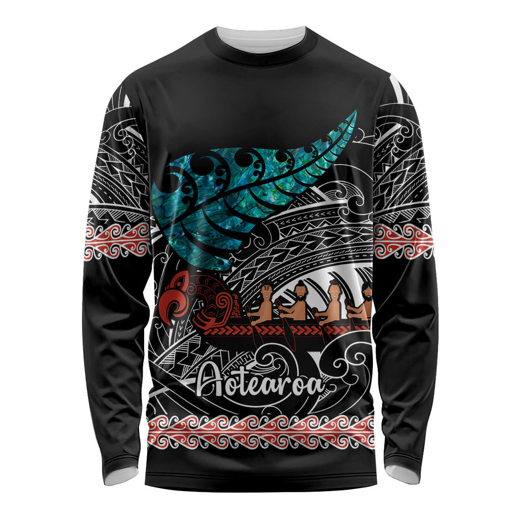 personalised-new-zealand-waka-long-sleeve-shirt-aotearoa-maori-silver-fern-pattern
