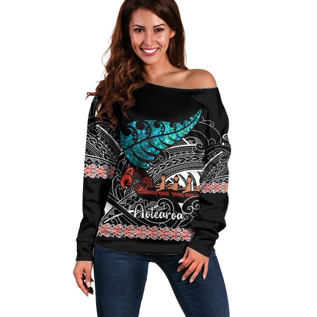 personalised-new-zealand-waka-off-shoulder-sweater-aotearoa-maori-silver-fern-pattern