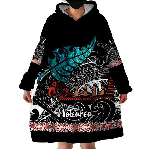 personalised-new-zealand-waka-wearable-blanket-hoodie-aotearoa-maori-silver-fern-pattern