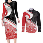 Toitu Te Tiriti Me Te Whakaputanga Couples Matching Long Sleeve Bodycon Dress and Long Sleeve Button Shirt Maori Wahaika With Haka Face