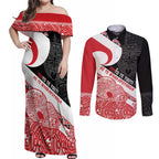 Toitu Te Tiriti Me Te Whakaputanga Couples Matching Off Shoulder Maxi Dress and Long Sleeve Button Shirt Maori Wahaika With Haka Face