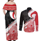 Toitu Te Tiriti Me Te Whakaputanga Couples Matching Off Shoulder Maxi Dress and Long Sleeve Button Shirt Maori Wahaika With Haka Face