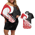 Toitu Te Tiriti Me Te Whakaputanga Couples Matching Off Shoulder Short Dress and Hawaiian Shirt Maori Wahaika With Haka Face