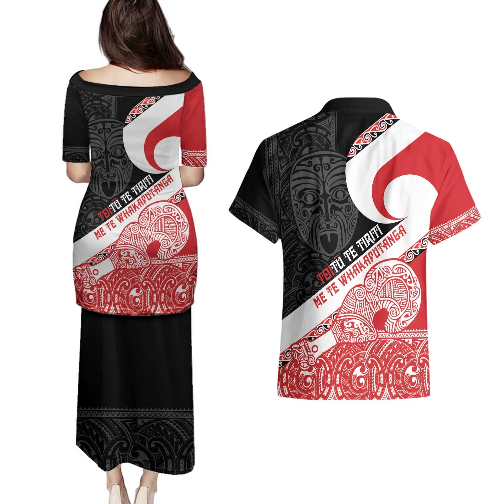 Toitu Te Tiriti Me Te Whakaputanga Couples Matching Puletasi and Hawaiian Shirt Maori Wahaika With Haka Face