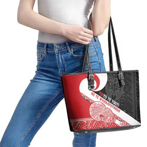 Toitu Te Tiriti Me Te Whakaputanga Leather Tote Bag Maori Wahaika With Haka Face
