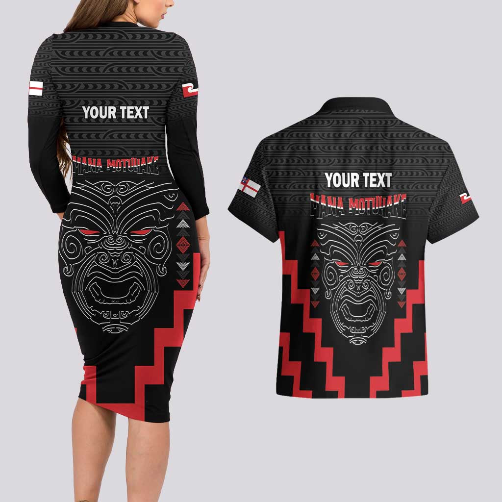Personalised Toitu Te Tiriti Mana Maori Motuhake Couples Matching Long Sleeve Bodycon Dress and Hawaiian Shirt Aotearoa Haka Face Mix Poutama Art