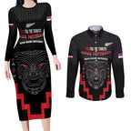 Personalised Toitu Te Tiriti Mana Maori Motuhake Couples Matching Long Sleeve Bodycon Dress and Long Sleeve Button Shirt Aotearoa Haka Face Mix Poutama Art