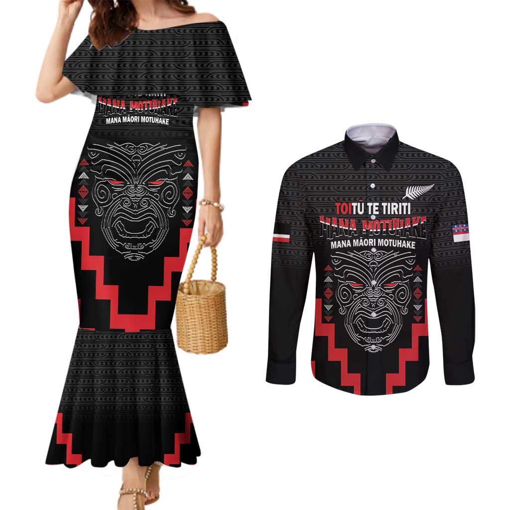 Personalised Toitu Te Tiriti Mana Maori Motuhake Couples Matching Mermaid Dress and Long Sleeve Button Shirt Aotearoa Haka Face Mix Poutama Art