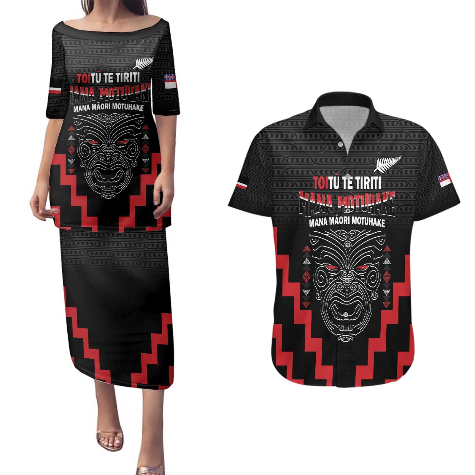 Personalised Toitu Te Tiriti Mana Maori Motuhake Couples Matching Puletasi and Hawaiian Shirt Aotearoa Haka Face Mix Poutama Art