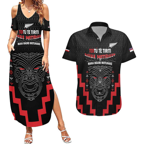 Personalised Toitu Te Tiriti Mana Maori Motuhake Couples Matching Summer Maxi Dress and Hawaiian Shirt Aotearoa Haka Face Mix Poutama Art