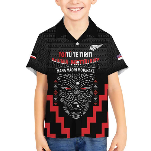 Personalised Toitu Te Tiriti Mana Maori Motuhake Family Matching Off Shoulder Short Dress and Hawaiian Shirt Aotearoa Haka Face Mix Poutama Art