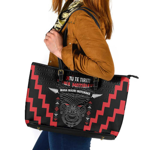 Toitu Te Tiriti Mana Maori Motuhake Leather Tote Bag Aotearoa Haka Face Mix Poutama Art