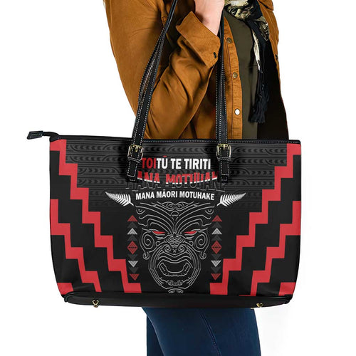 Toitu Te Tiriti Mana Maori Motuhake Leather Tote Bag Aotearoa Haka Face Mix Poutama Art