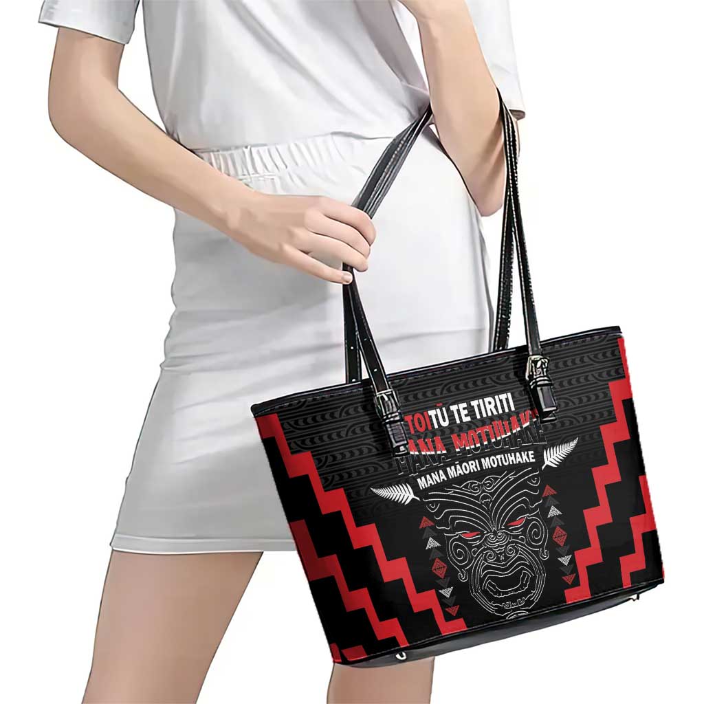Toitu Te Tiriti Mana Maori Motuhake Leather Tote Bag Aotearoa Haka Face Mix Poutama Art