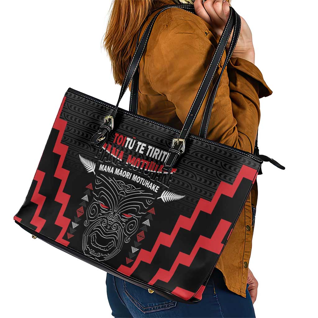 Toitu Te Tiriti Mana Maori Motuhake Leather Tote Bag Aotearoa Haka Face Mix Poutama Art