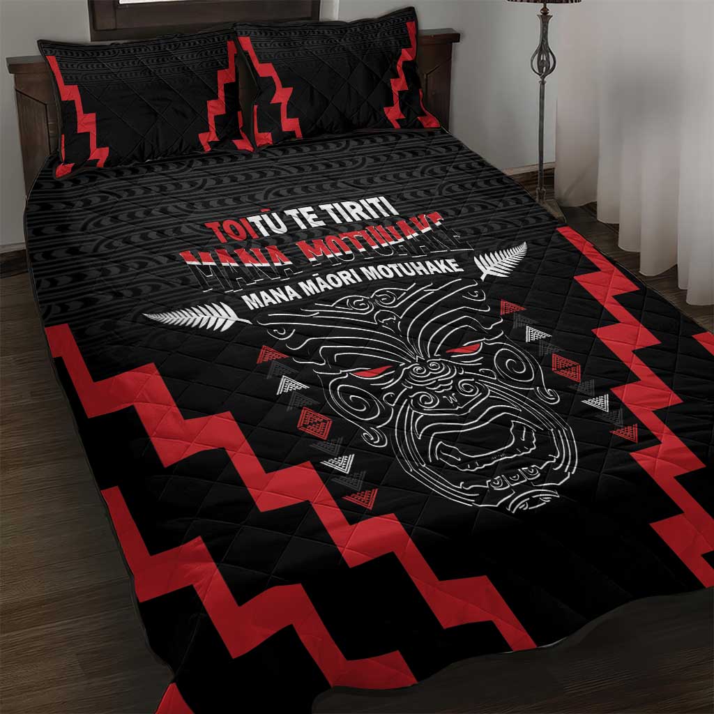 Toitu Te Tiriti Mana Maori Motuhake Quilt Bed Set Aotearoa Haka Face Mix Poutama Art