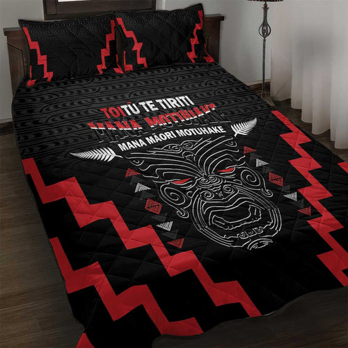 Toitu Te Tiriti Mana Maori Motuhake Quilt Bed Set Aotearoa Haka Face Mix Poutama Art
