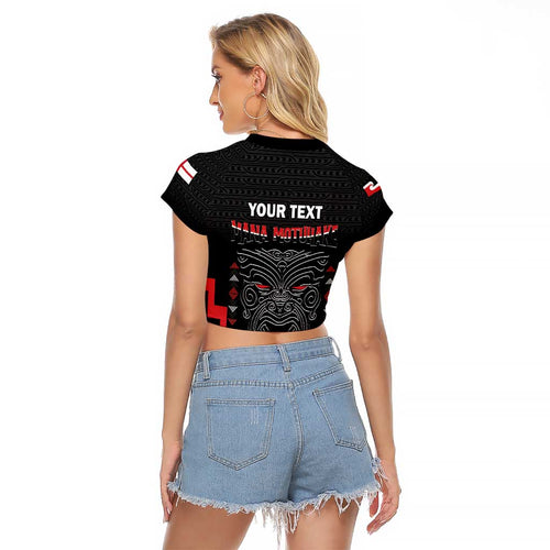 Personalised Toitu Te Tiriti Mana Maori Motuhake Raglan Cropped T Shirt Aotearoa Haka Face Mix Poutama Art