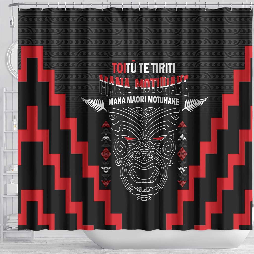 Toitu Te Tiriti Mana Maori Motuhake Shower Curtain Aotearoa Haka Face Mix Poutama Art