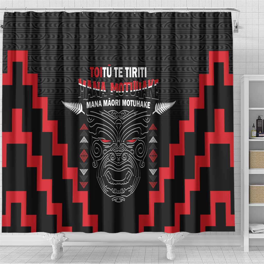 Toitu Te Tiriti Mana Maori Motuhake Shower Curtain Aotearoa Haka Face Mix Poutama Art