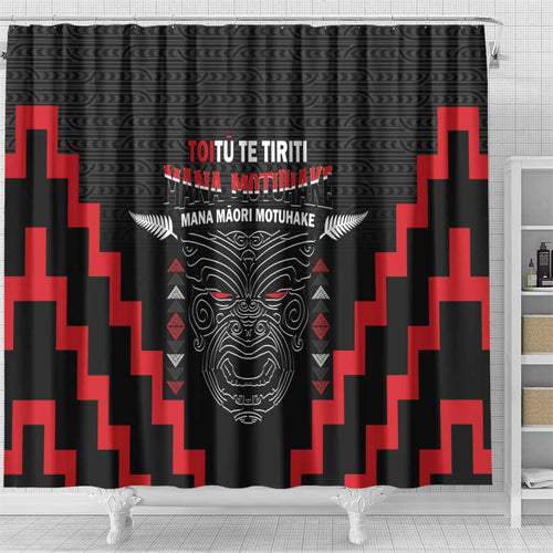 Toitu Te Tiriti Mana Maori Motuhake Shower Curtain Aotearoa Haka Face Mix Poutama Art