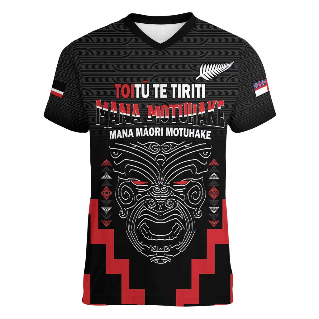 Personalised Toitu Te Tiriti Mana Maori Motuhake Women V-Neck T-Shirt Aotearoa Haka Face Mix Poutama Art