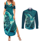 Personalised New Zealand Waitangi Day Couples Matching Summer Maxi Dress and Long Sleeve Button Shirt Hei Tiki With Maori Waka - Whakarare Pattern