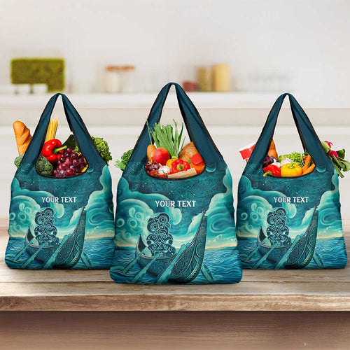 Personalised New Zealand Waitangi Day Grocery Bag Hei Tiki With Maori Waka - Whakarare Pattern
