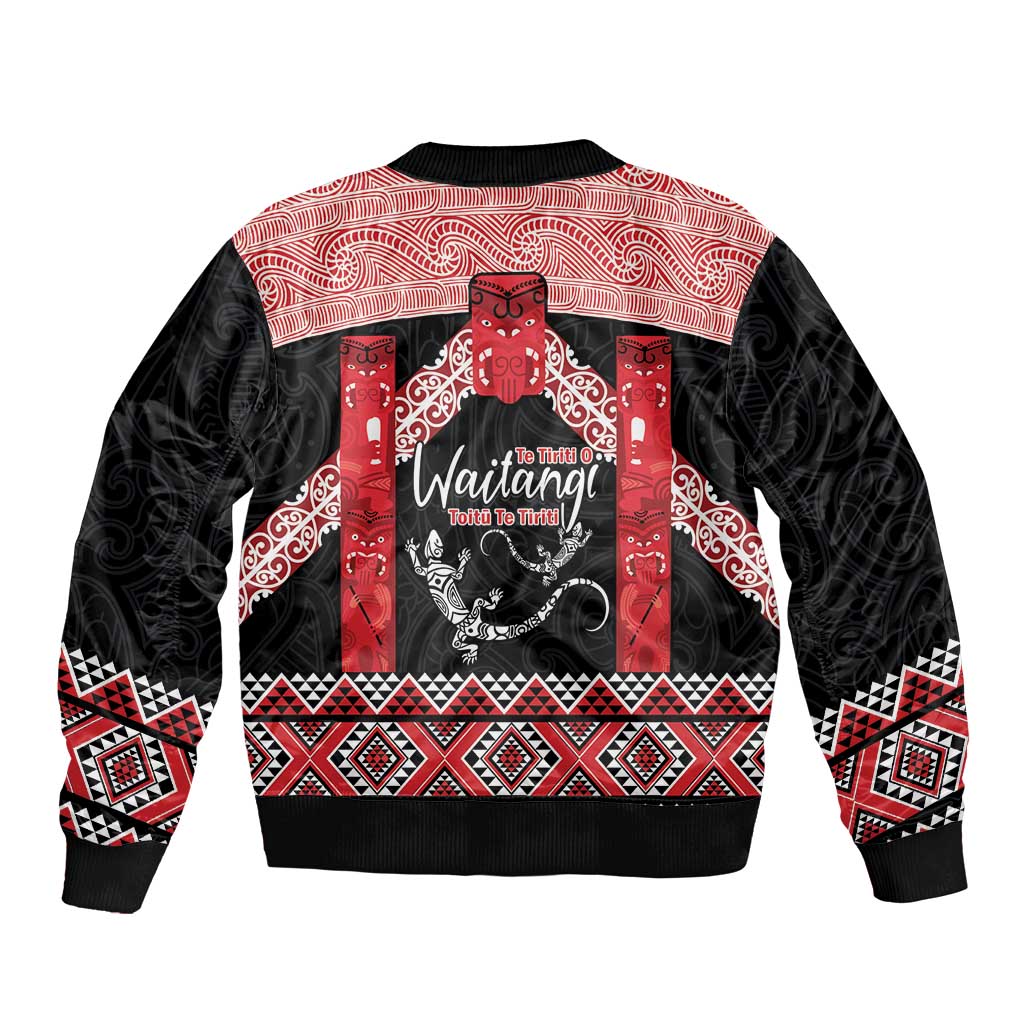 Toitu Te Tiriti O Waitangi Bomber Jacket Maori Wharenui With Taniko Motifs