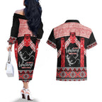 Toitu Te Tiriti O Waitangi Couples Matching Off The Shoulder Long Sleeve Dress and Hawaiian Shirt Maori Wharenui With Taniko Motifs