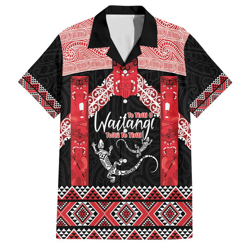 Toitu Te Tiriti O Waitangi Family Matching Off The Shoulder Long Sleeve Dress and Hawaiian Shirt Maori Wharenui With Taniko Motifs