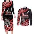 New Zealand 1840 Waitangi Day Couples Matching Long Sleeve Bodycon Dress and Long Sleeve Button Shirt Aotearoa Haka Mask - Red Version