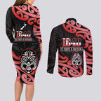 New Zealand 1840 Waitangi Day Couples Matching Long Sleeve Bodycon Dress and Long Sleeve Button Shirt Aotearoa Haka Mask - Red Version