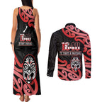New Zealand 1840 Waitangi Day Couples Matching Tank Maxi Dress and Long Sleeve Button Shirt Aotearoa Haka Mask - Red Version
