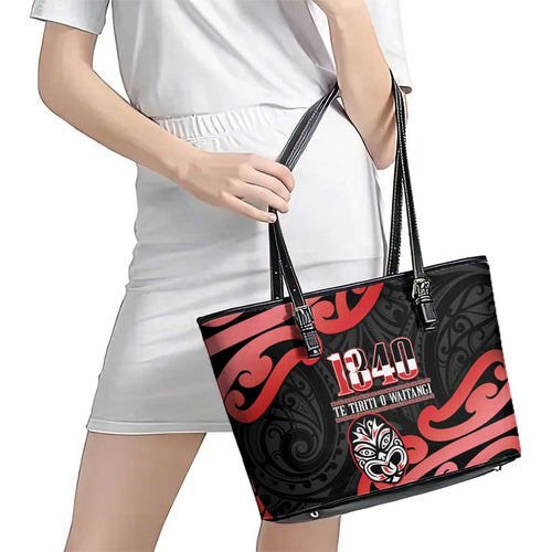 New Zealand 1840 Waitangi Day Leather Tote Bag Aotearoa Haka Mask - Red Version