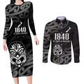 New Zealand 1840 Waitangi Day Couples Matching Long Sleeve Bodycon Dress and Long Sleeve Button Shirt Aotearoa Haka Mask - Black Version